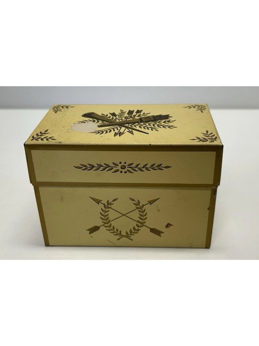 Vintage Gold & Cream Metal Tin Recipe Box W/ Arrow Laurel Wreath Design Ohio Art